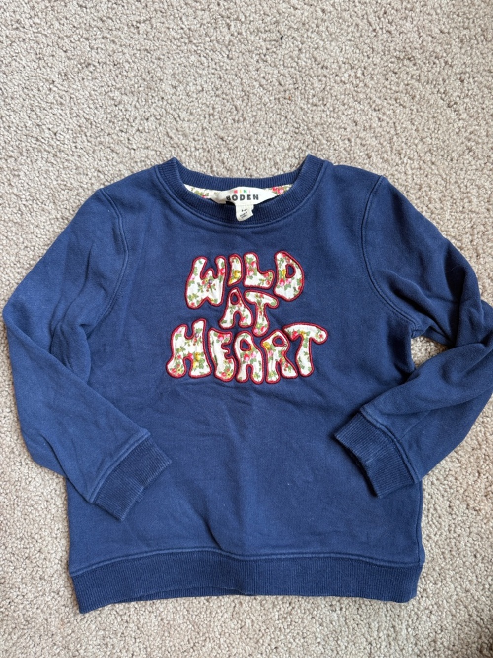 Mini Boden Navy Sweatshirt with 'Wild at Heart' Floral Applique